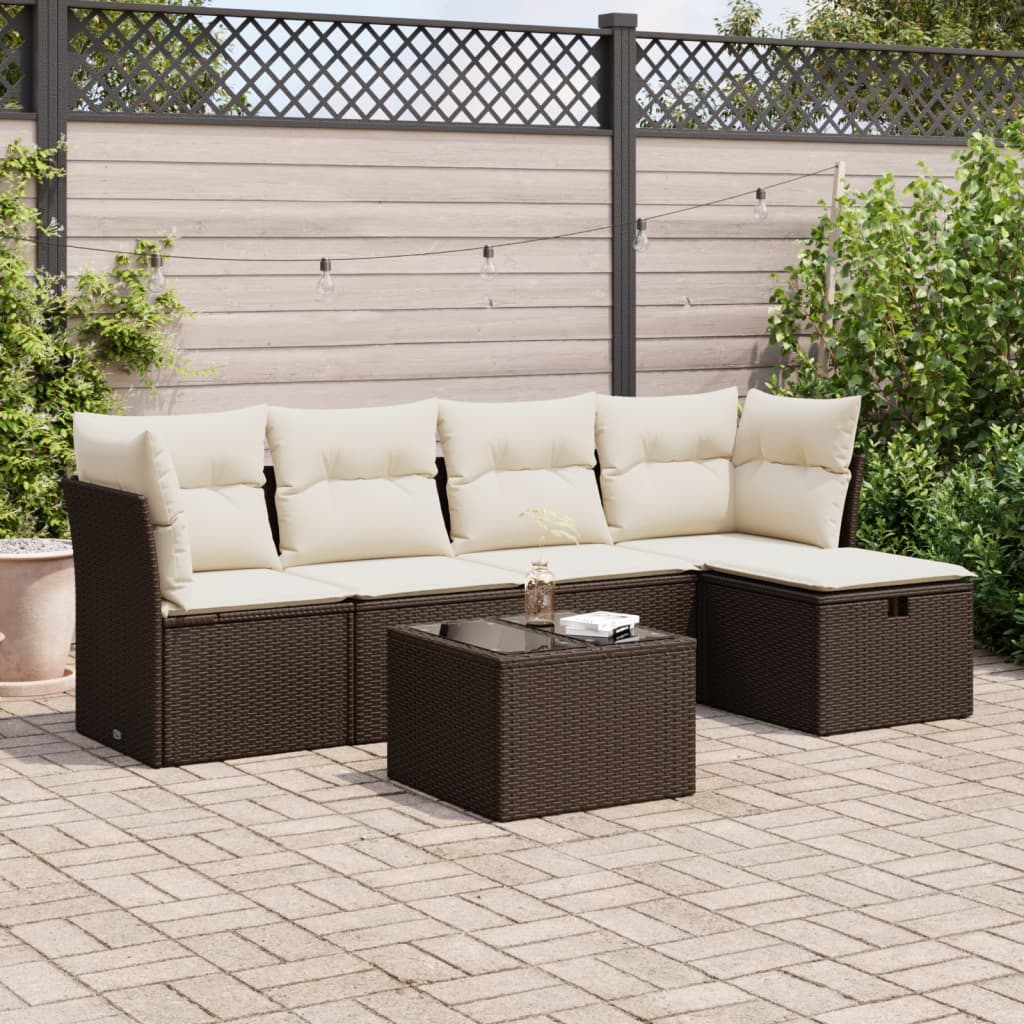 6-delige Loungeset met kussens poly rattan bruin