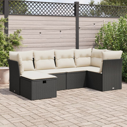 6-delige Loungeset met kussens poly rattan zwart