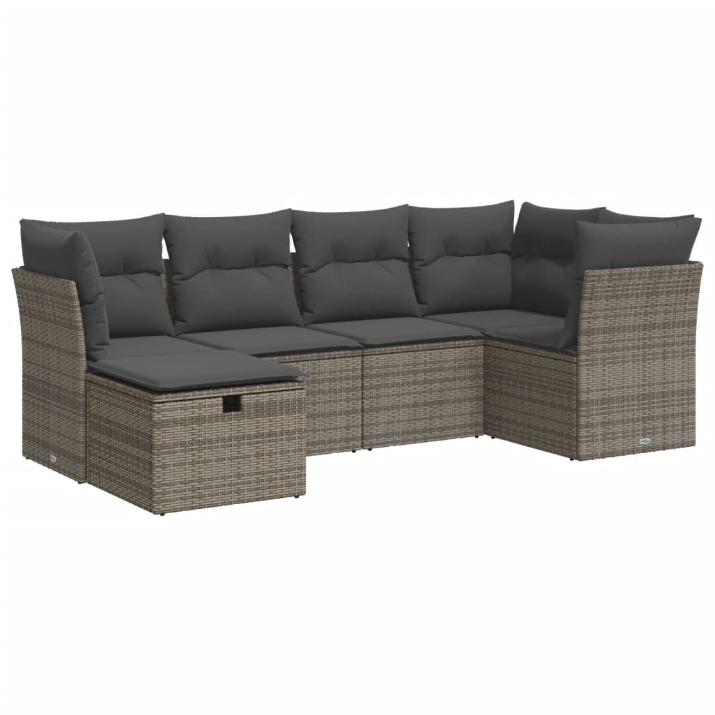 6-delige Loungeset met kussens poly rattan grijs