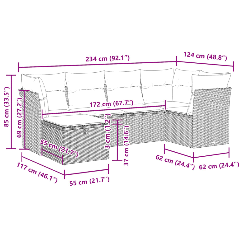 6-delige Loungeset met kussens poly rattan grijs