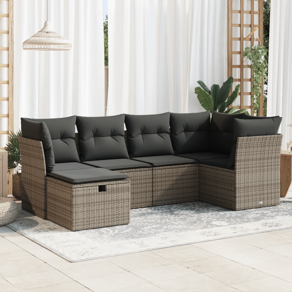 6-delige Loungeset met kussens poly rattan grijs