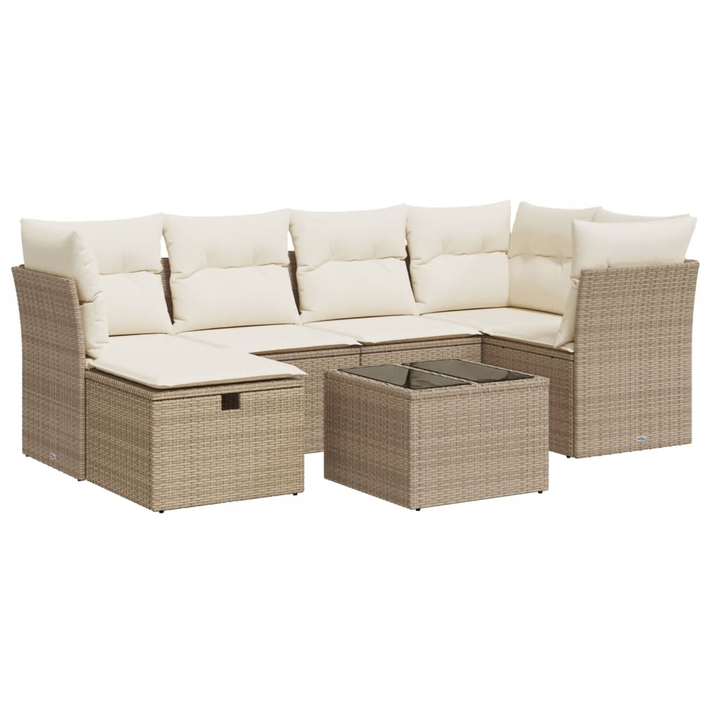 7-delige Loungeset met kussens poly rattan beige