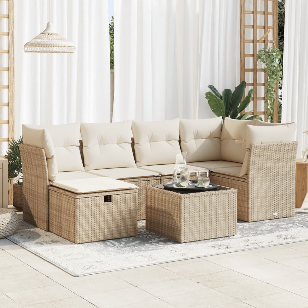 7-delige Loungeset met kussens poly rattan beige