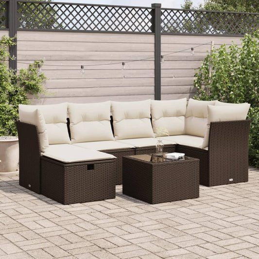 7-delige Loungeset met kussens poly rattan bruin