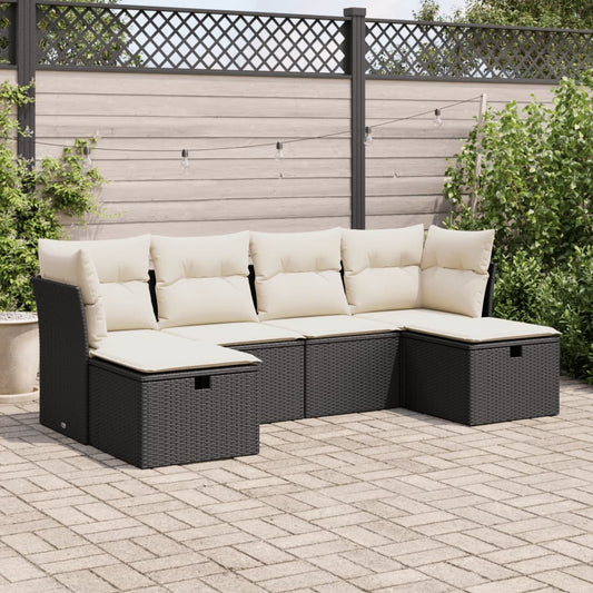 6-delige Loungeset met kussens poly rattan zwart