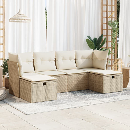 6-delige Loungeset met kussens poly rattan beige