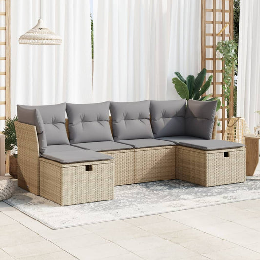 6-delige Loungeset met kussens poly rattan beige