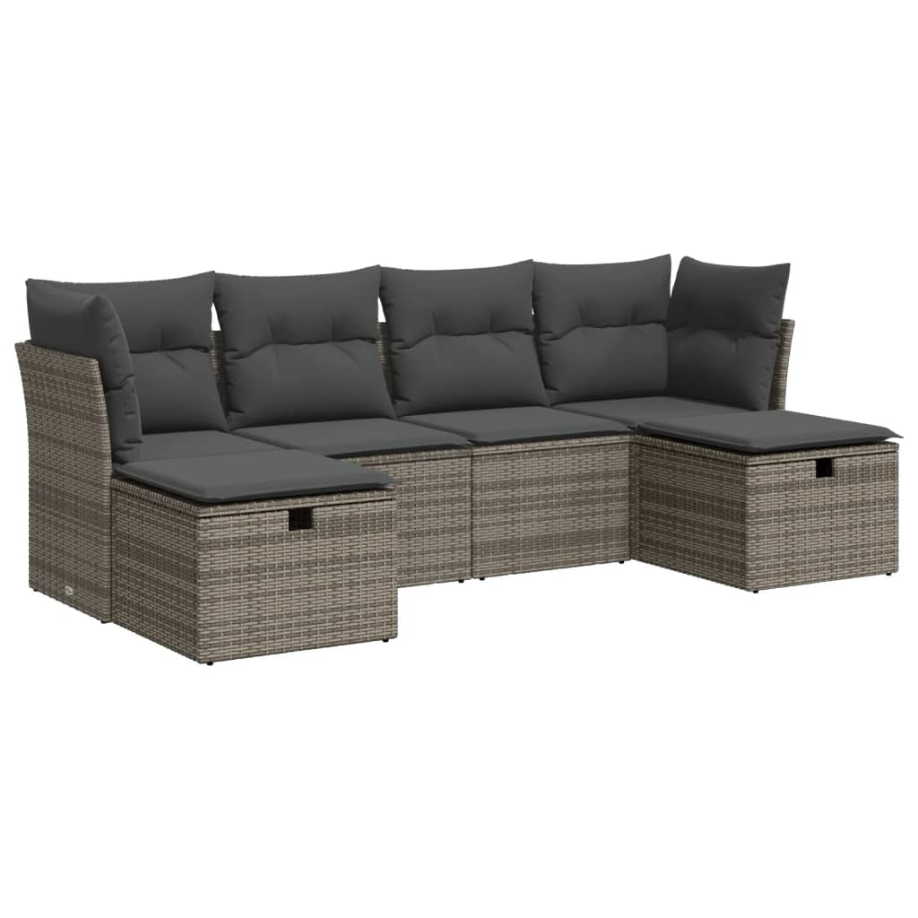 6-delige Loungeset met kussens poly rattan grijs