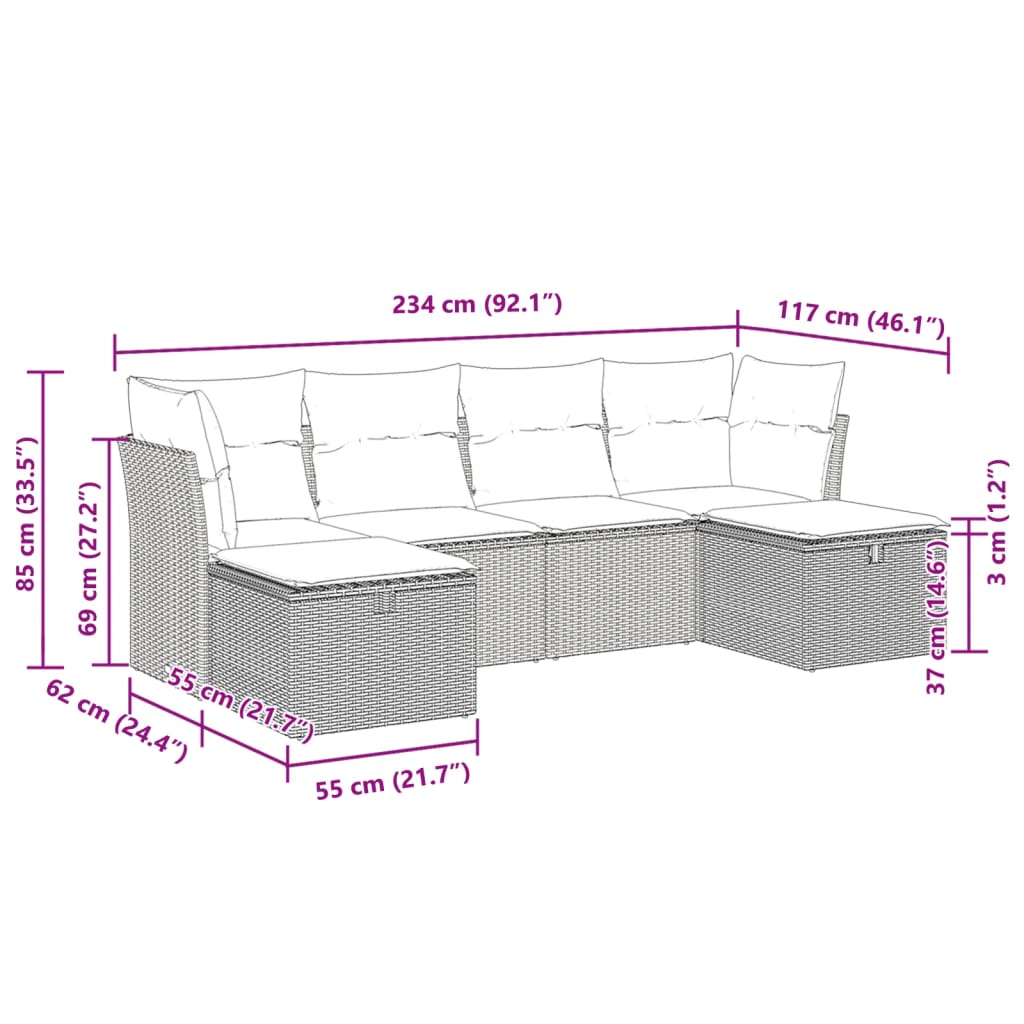 6-delige Loungeset met kussens poly rattan grijs