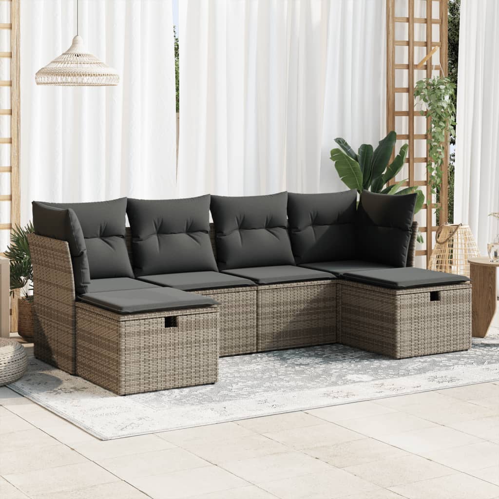 6-delige Loungeset met kussens poly rattan grijs