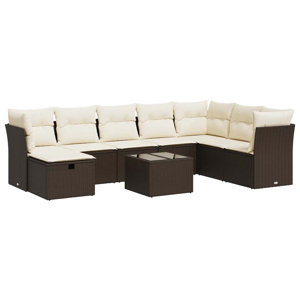 9-delige Loungeset met kussens poly rattan bruin