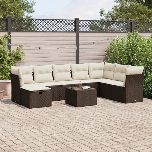 9-delige Loungeset met kussens poly rattan bruin