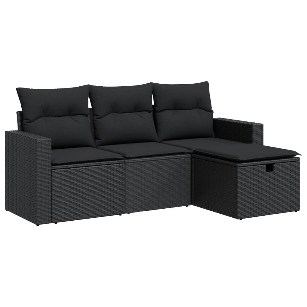 4-delige Loungeset met kussens poly rattan zwart