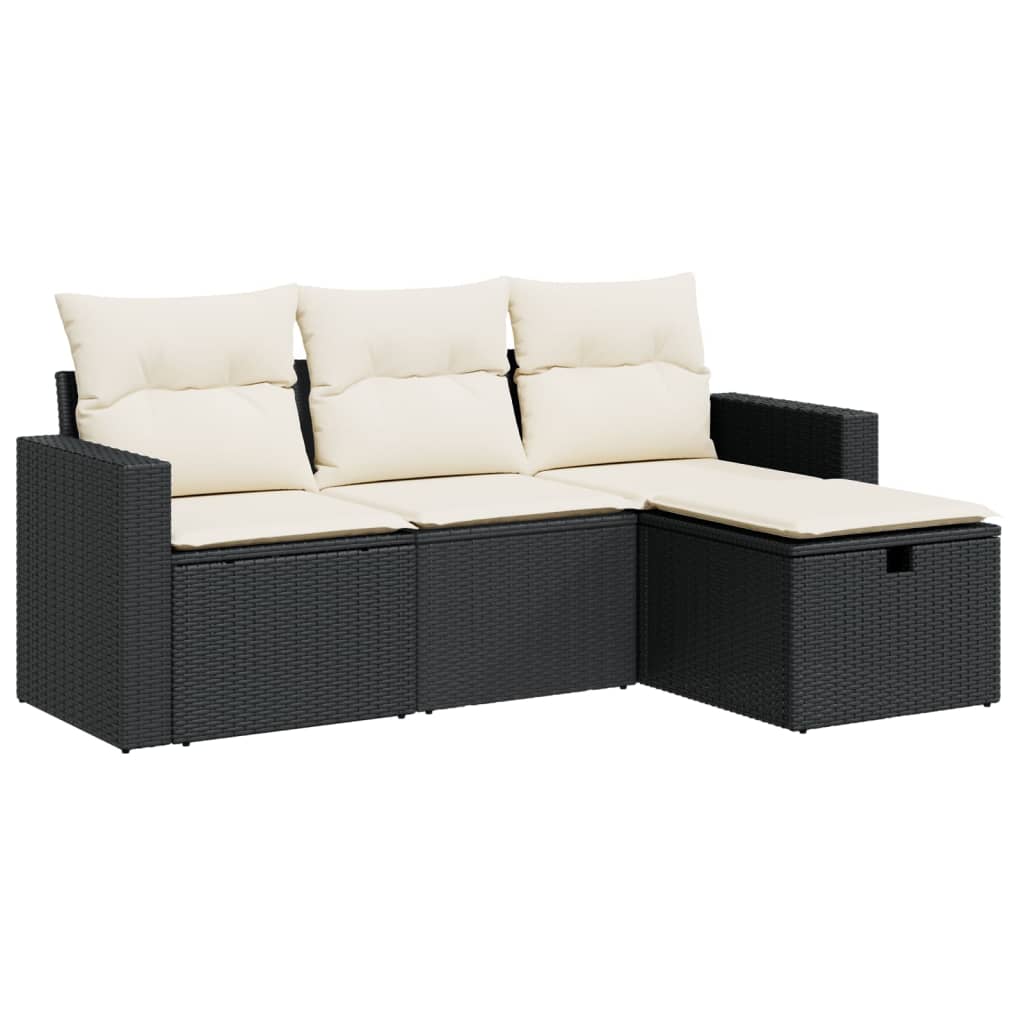 4-delige Loungeset met kussens poly rattan zwart