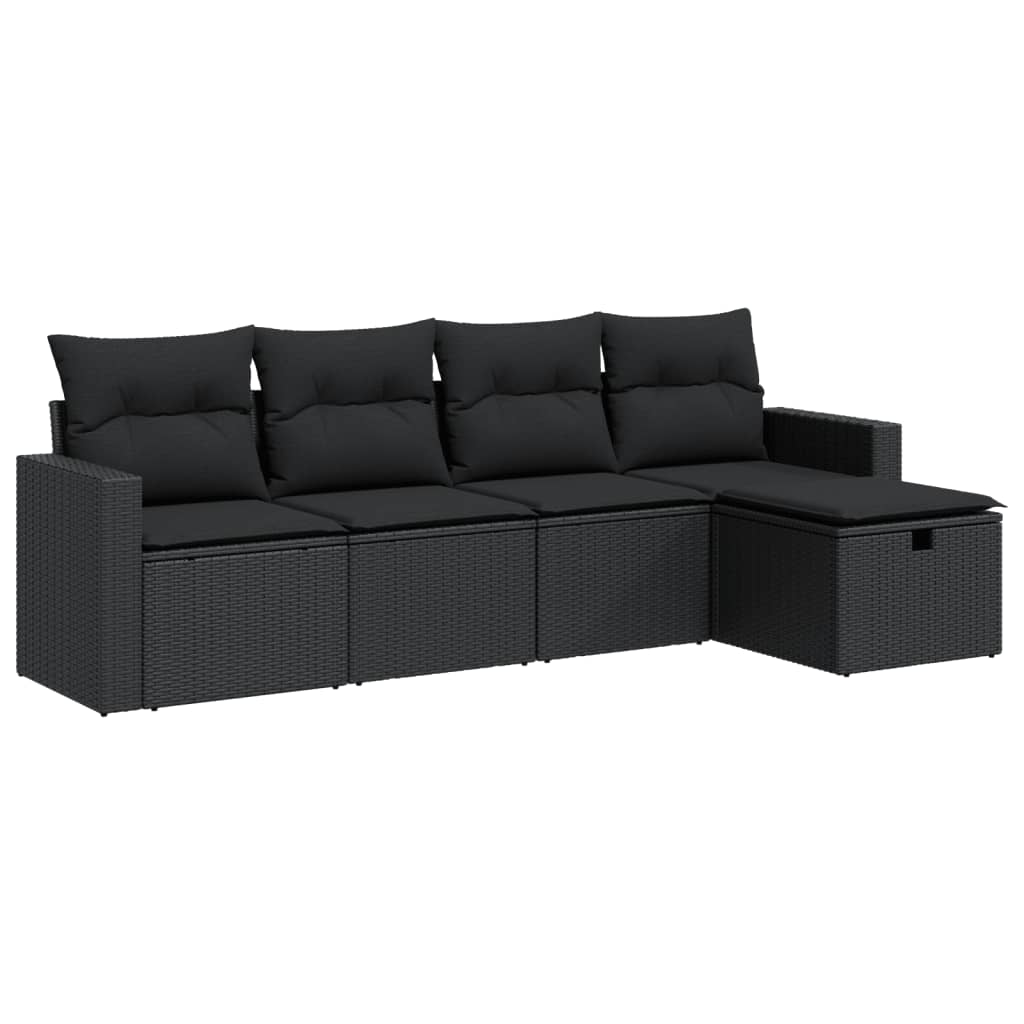 5-delige Loungeset met kussens poly rattan zwart