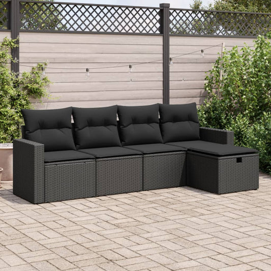 5-delige Loungeset met kussens poly rattan zwart