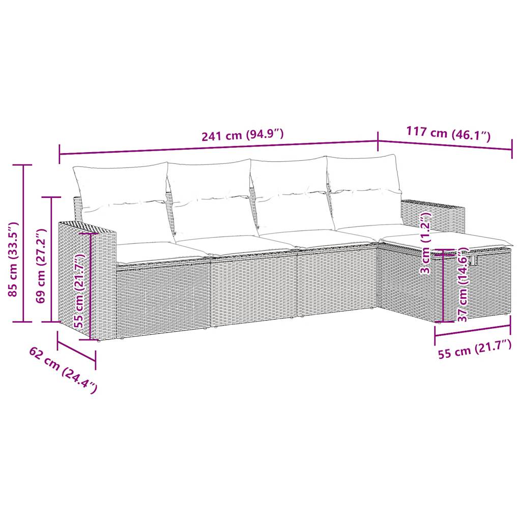 5-delige Loungeset met kussens poly rattan beige