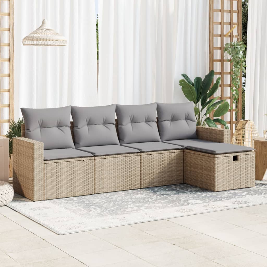 5-delige Loungeset met kussens poly rattan beige