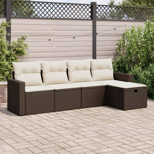 5-delige Loungeset met kussens poly rattan bruin