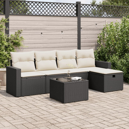 6-delige Loungeset met kussens poly rattan zwart