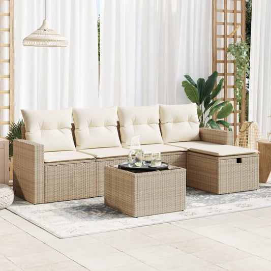 6-delige Loungeset met kussens poly rattan beige