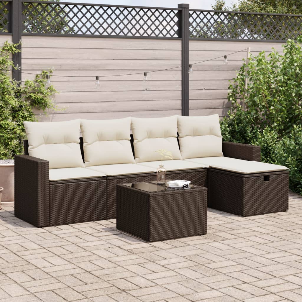 6-delige Loungeset met kussens poly rattan bruin