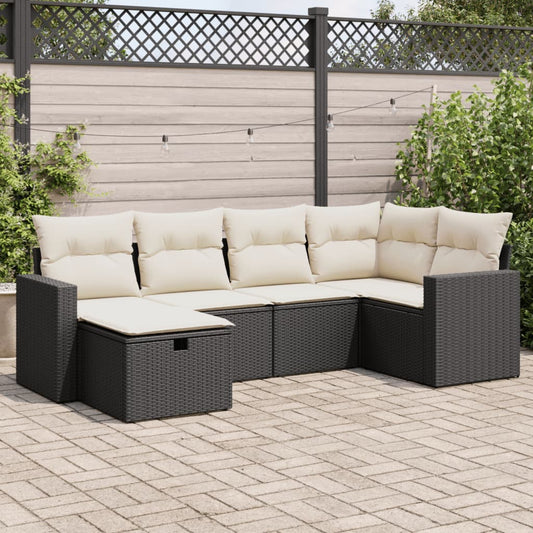 6-delige Loungeset met kussens poly rattan zwart