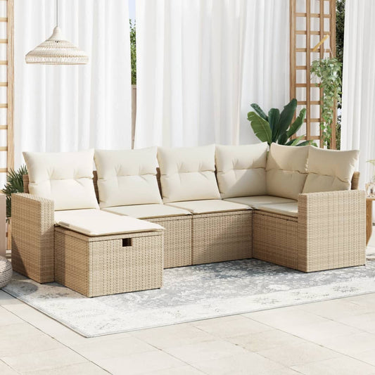 6-delige Loungeset met kussens poly rattan beige