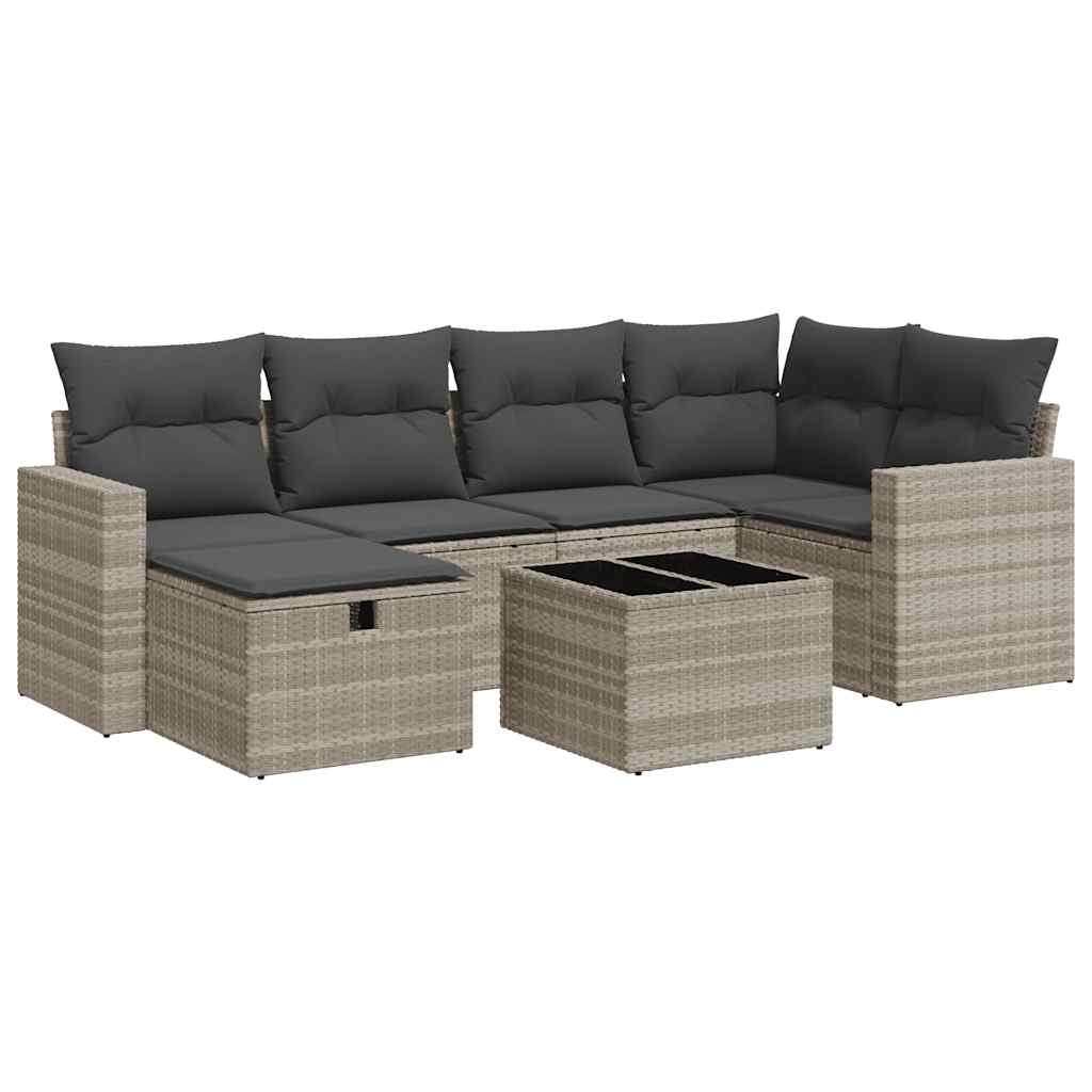 7-delige Loungeset met kussens poly rattan lichtgrijs