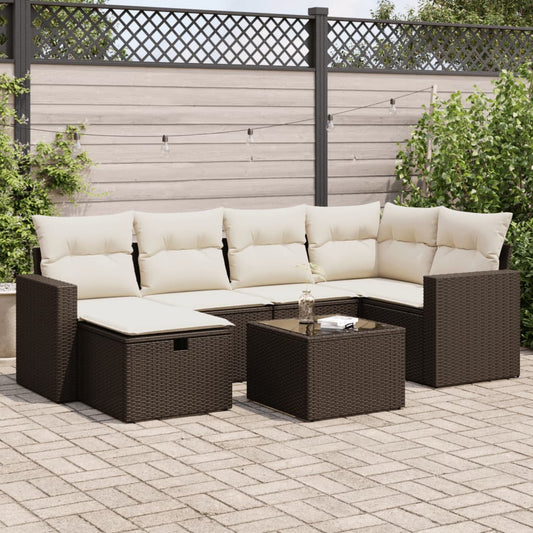 7-delige Loungeset met kussens poly rattan bruin