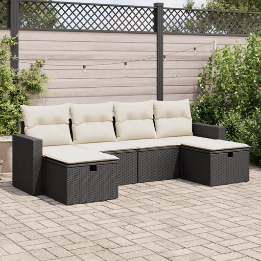 6-delige Loungeset met kussens poly rattan zwart