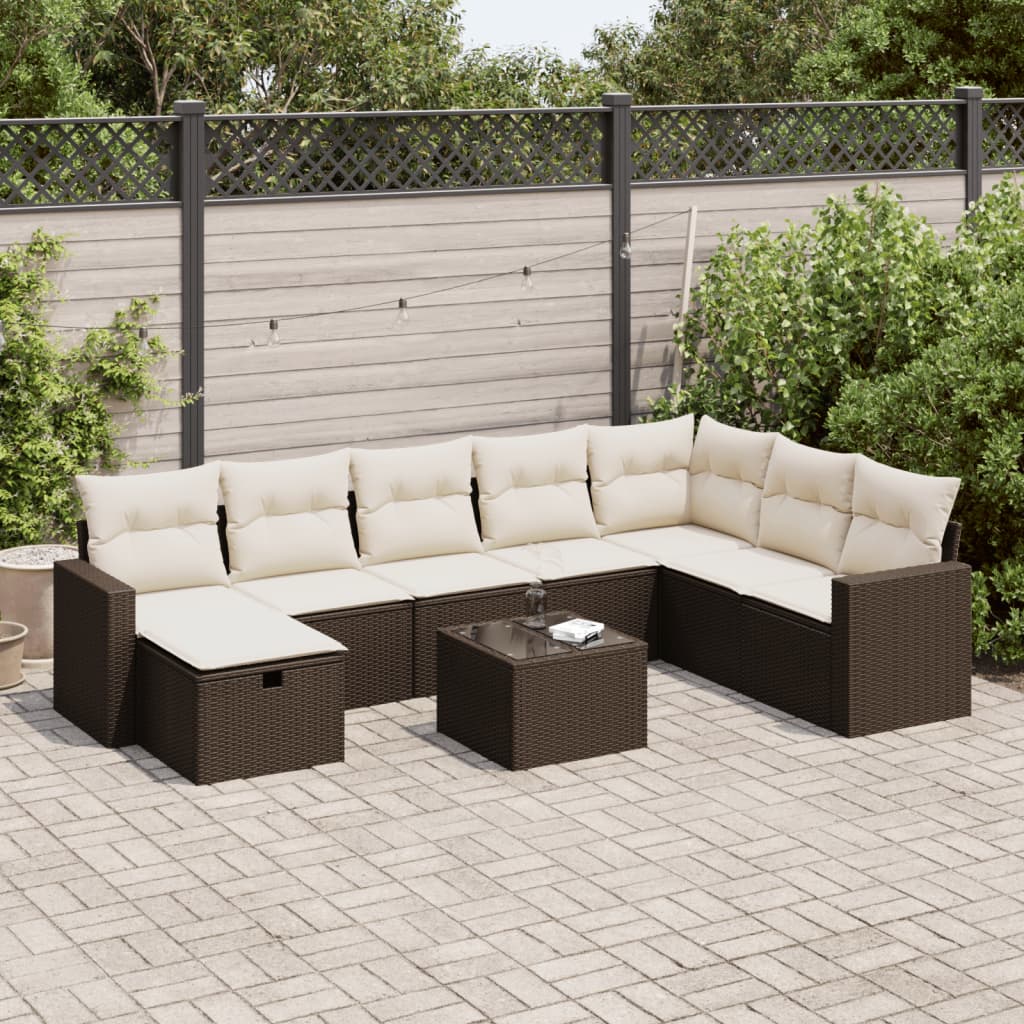 9-delige Loungeset met kussens poly rattan bruin