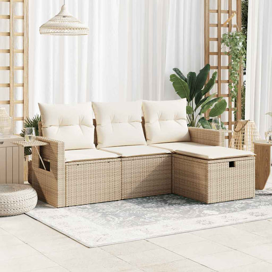 4-delige Loungeset met kussens poly rattan beige