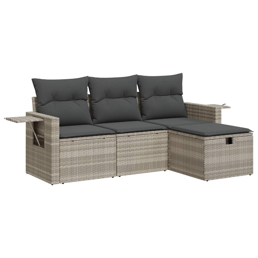 4-delige Loungeset met kussens poly rattan lichtgrijs