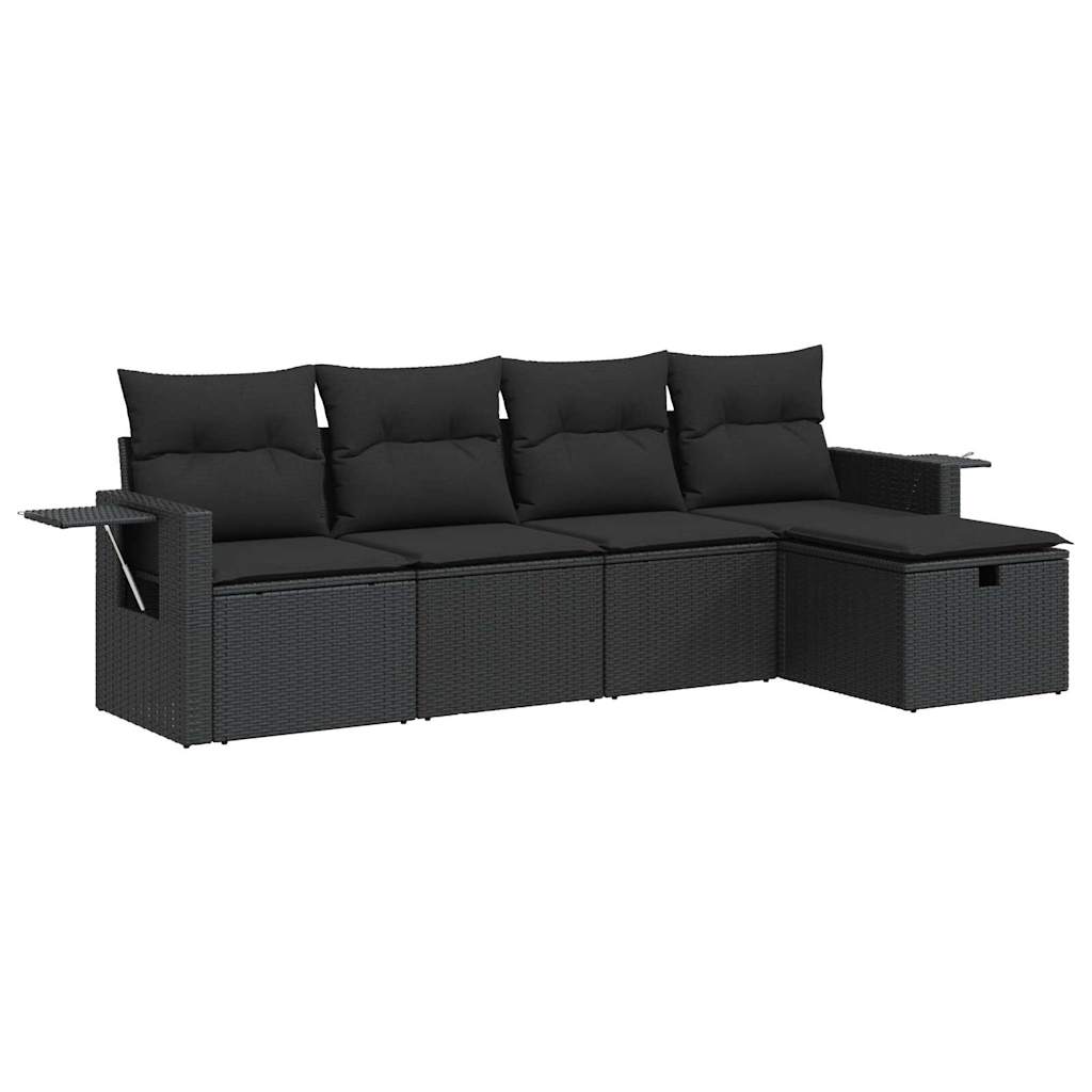 5-delige Loungeset met kussens poly rattan zwart