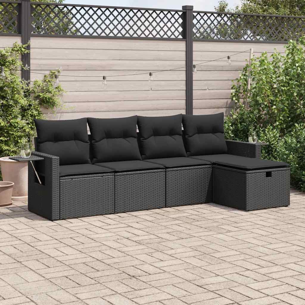 5-delige Loungeset met kussens poly rattan zwart