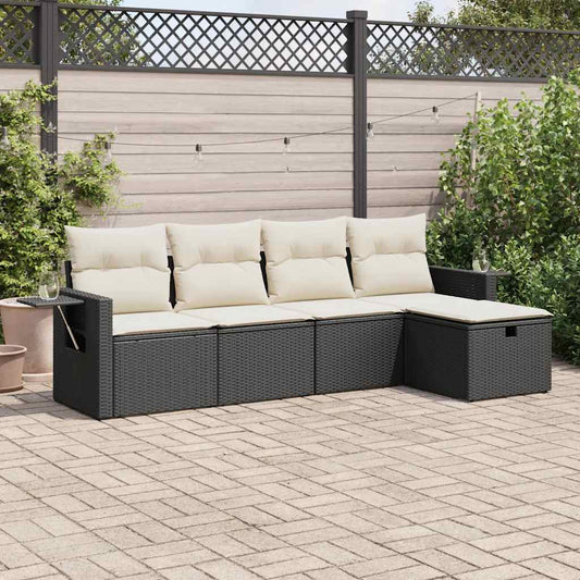 5-delige Loungeset met kussens poly rattan zwart