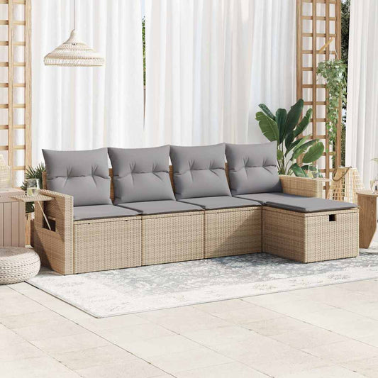 5-delige Loungeset met kussens poly rattan beige