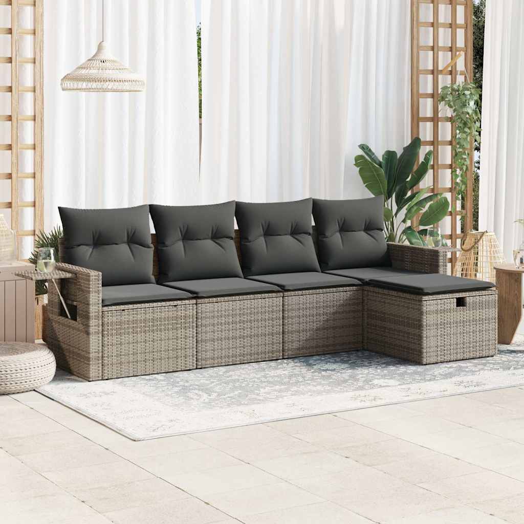 5-delige Loungeset met kussens poly rattan grijs