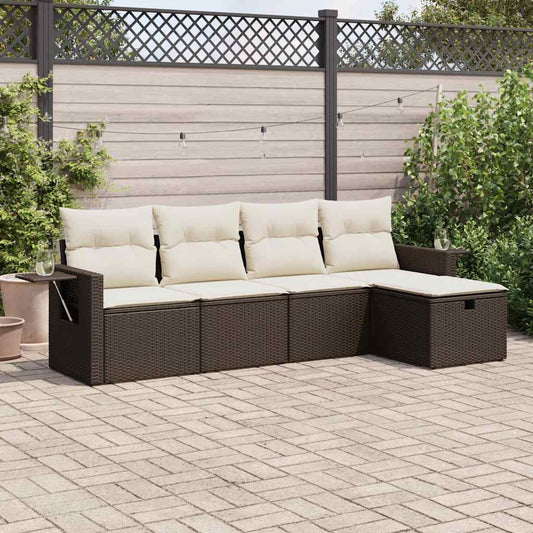 5-delige Loungeset met kussens poly rattan bruin