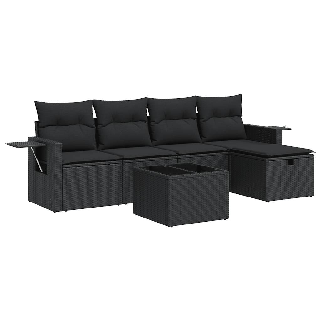 6-delige Loungeset met kussens poly rattan zwart