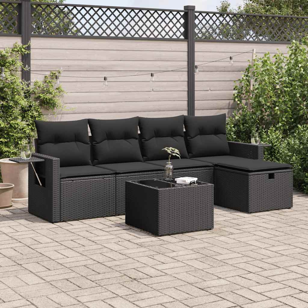 6-delige Loungeset met kussens poly rattan zwart