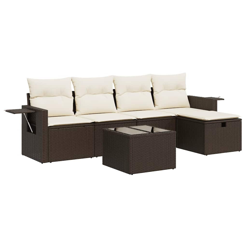 6-delige Loungeset met kussens poly rattan bruin