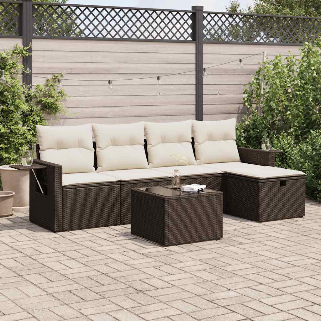 6-delige Loungeset met kussens poly rattan bruin