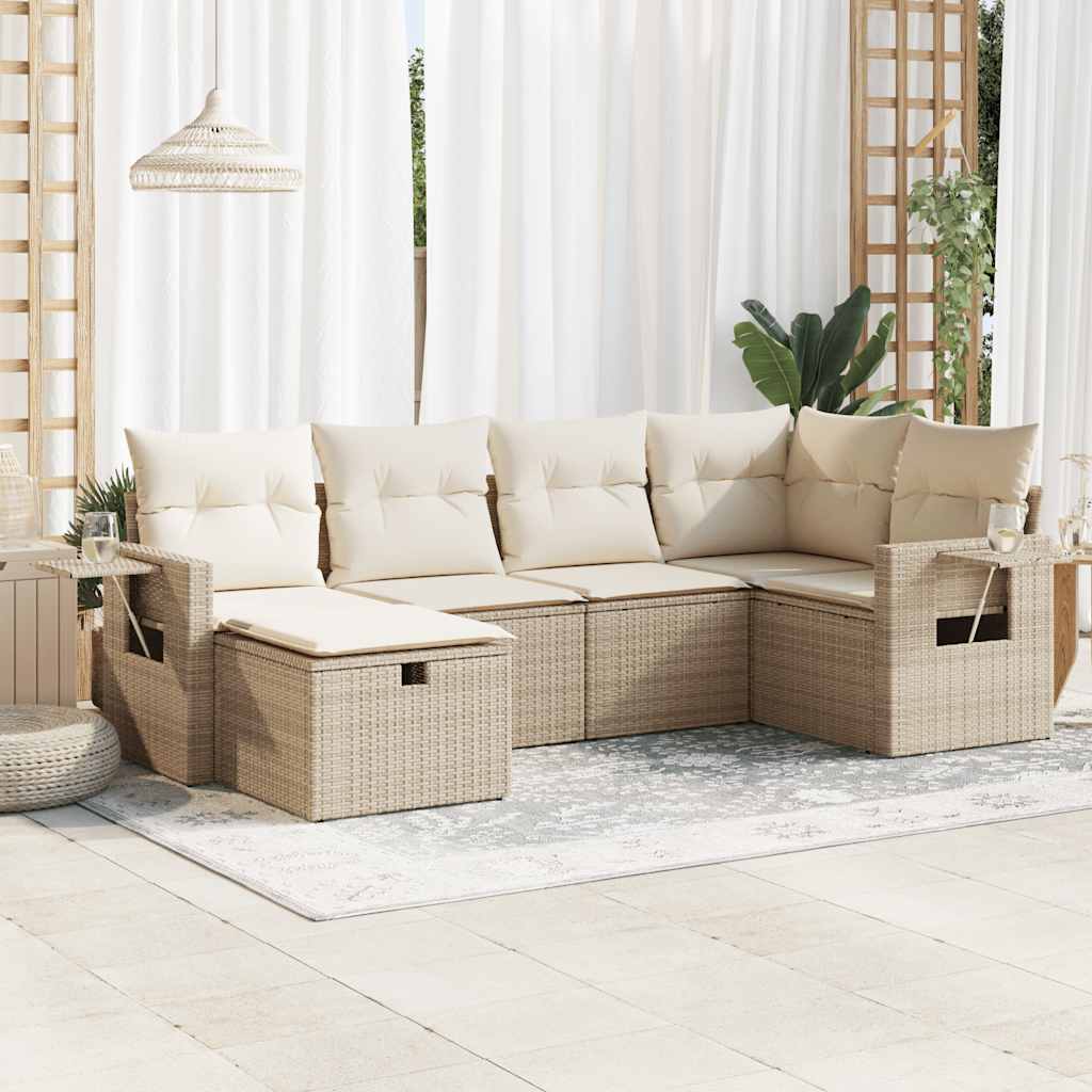 6-delige Loungeset met kussens poly rattan beige