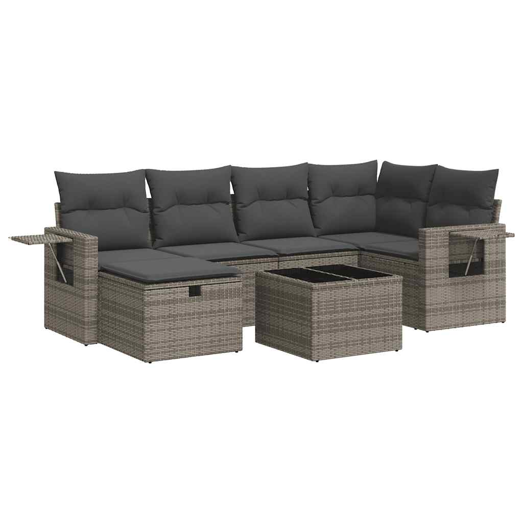 7-delige Loungeset met kussens poly rattan grijs