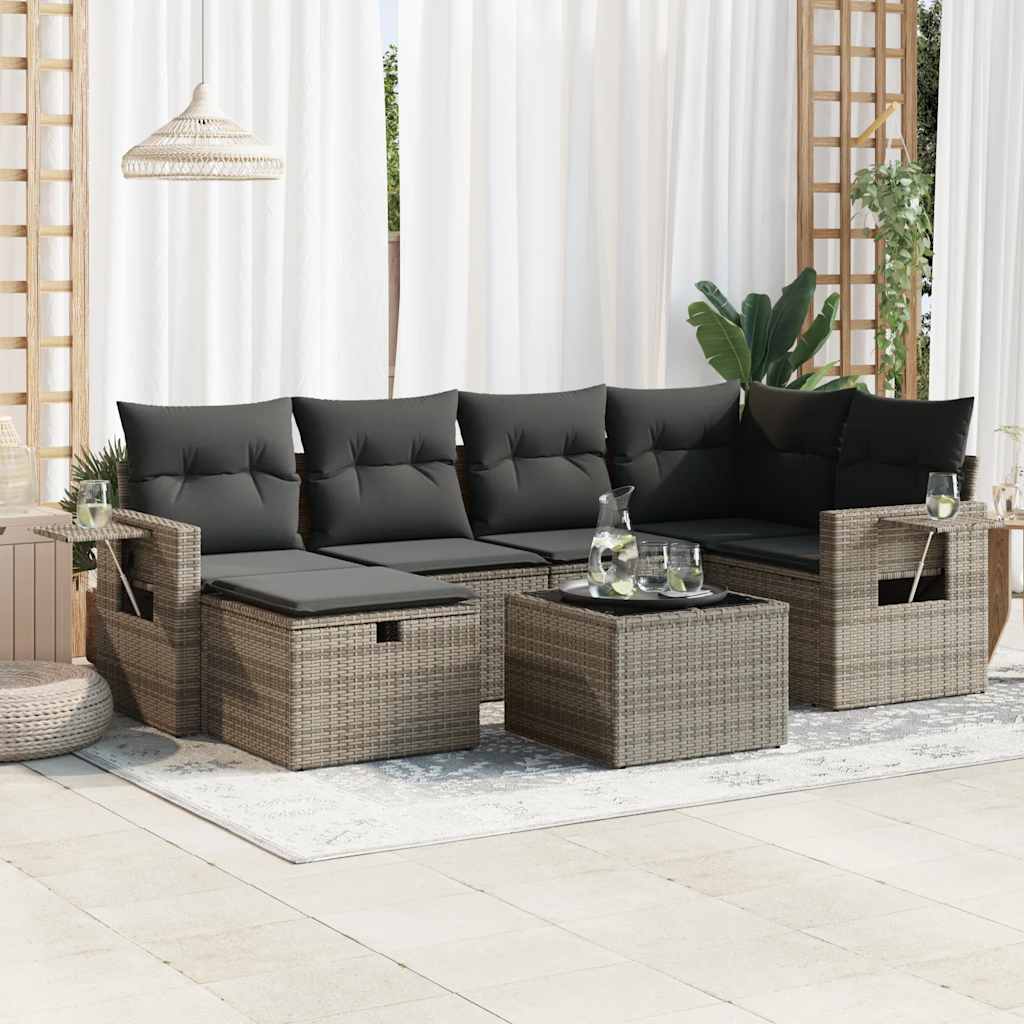 7-delige Loungeset met kussens poly rattan grijs