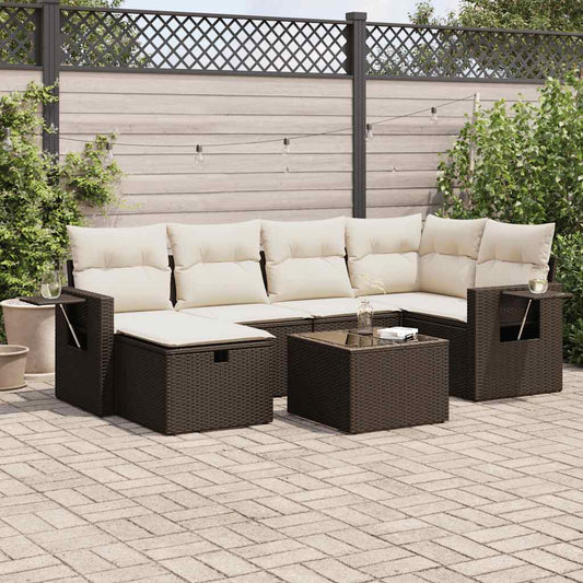 7-delige Loungeset met kussens poly rattan bruin