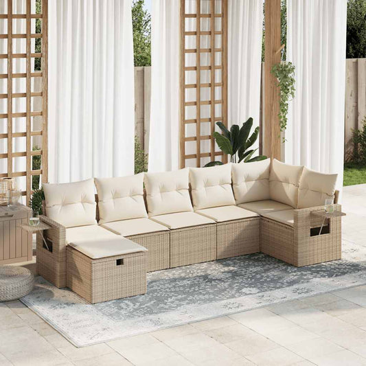 7-delige Loungeset met kussens poly rattan beige