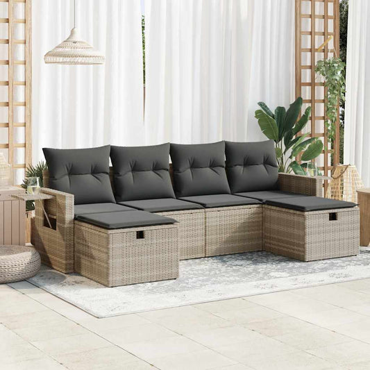 6-delige Loungeset met kussens poly rattan lichtgrijs